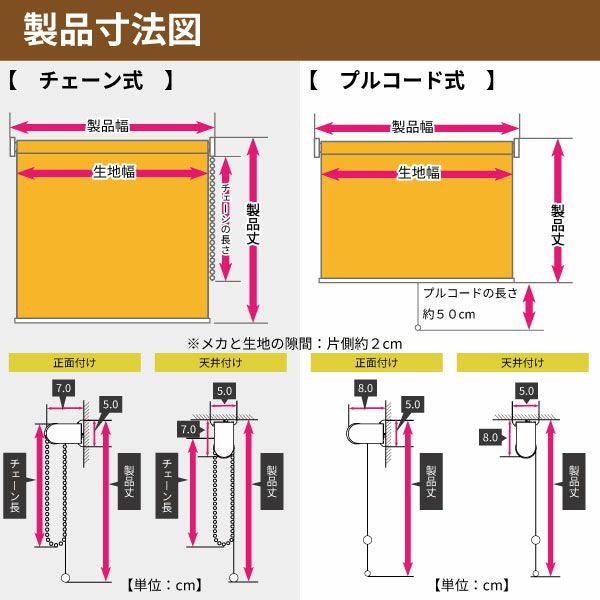 翌日出荷遮光１級・遮熱ロールスクリーンの製品寸法図