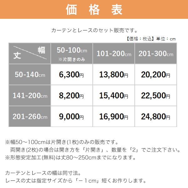 １級遮光防炎30色カーテン＆レースカーテン　お買得セットの価格表