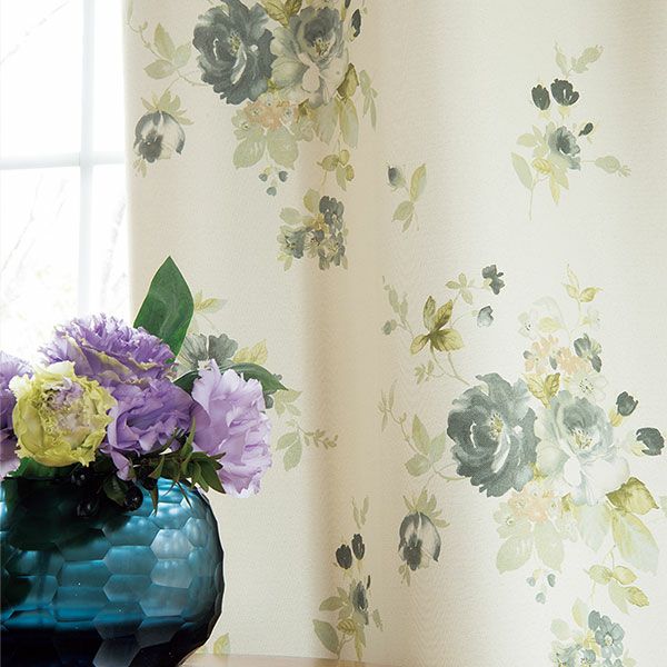 遮光オーダーカーテン 「BE6077-6078」 水彩 花柄 レッド ブルーのイメージ画像