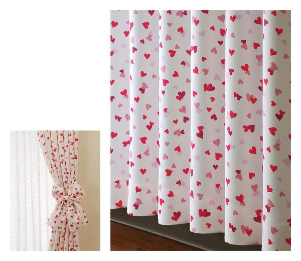 既製カーテン　「フェアリーハート」　ハートがちりばめられたプリティーな柄　大きなリボンタッセル付　幅100cmｘ丈200cm(2枚入り)のサムネイル画像